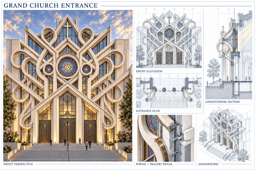 Presentation board for a grand church entrance: photorealistic perspective of a stone facade with looping tracery and a rose window, alongside front elevation, entrance plan, longitudinal section, portal detail and axonometric drawings