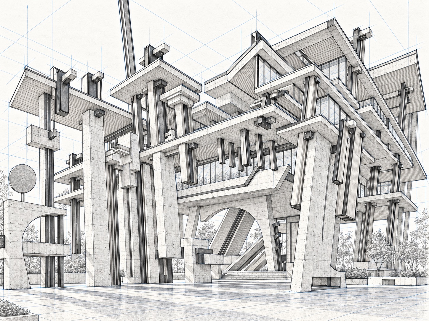 Hand-drawn perspective of the same constructivist pavilion in graphite and blue construction lines, showing piers, beams and cantilevered planes