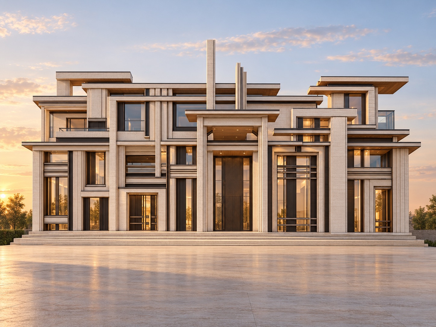 Rendering of a modernist residence at sunset, a rectilinear composition of pale stone piers, dark window mullions and floating flat roofs