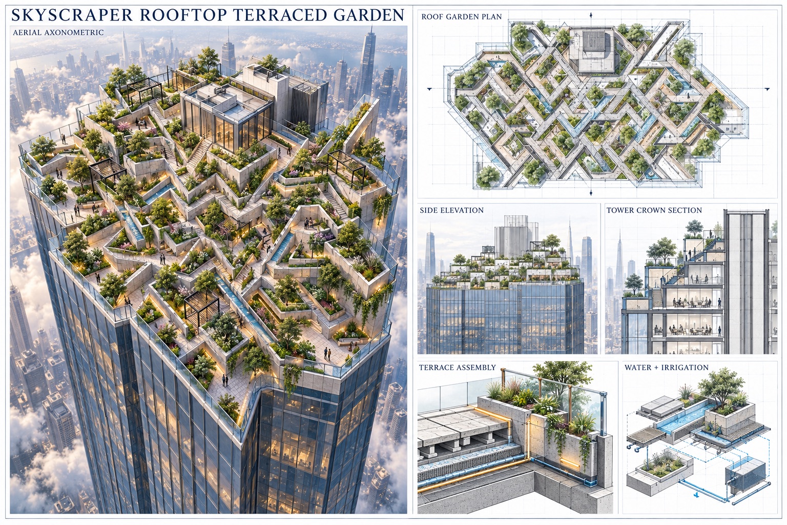 Presentation board for a skyscraper rooftop terraced garden: aerial axonometric of a tower crown covered in zigzagging planted terraces, with roof garden plan, side elevation, crown section, terrace assembly and irrigation diagrams