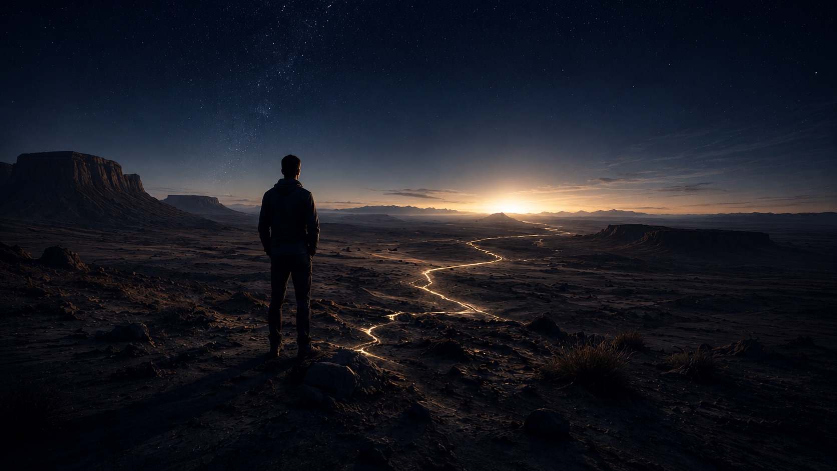 A lone figure on a dark ridge at dusk, looking out over a glowing golden trail winding toward the horizon.