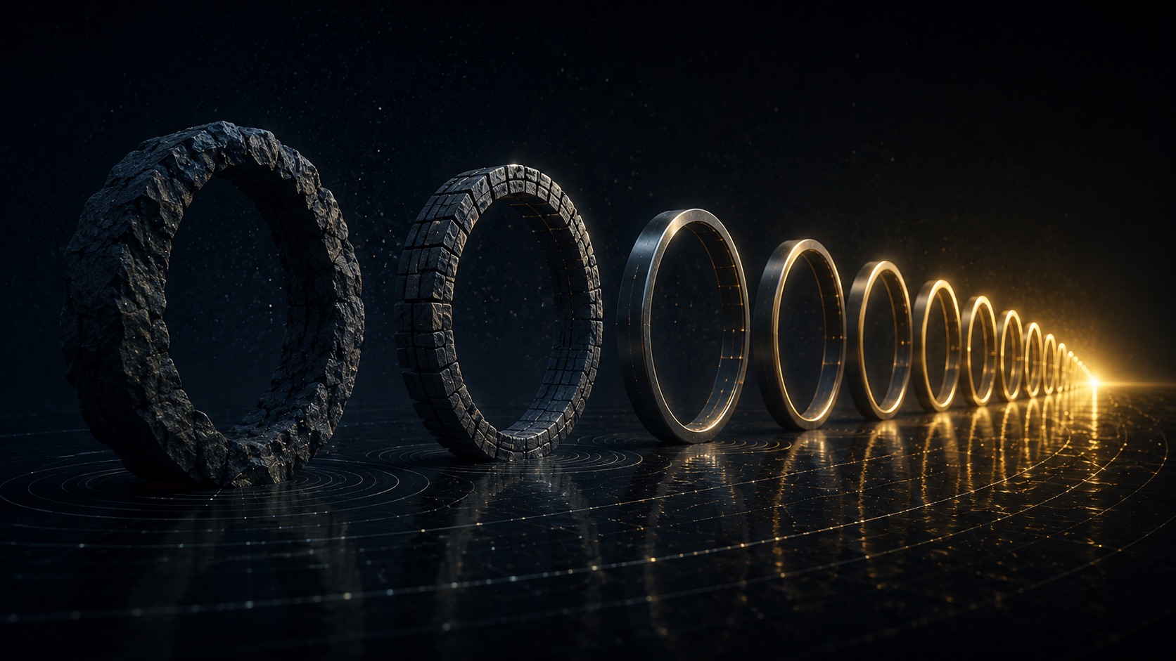 A row of rings refining from rough stone to polished glowing gold, receding toward a bright light.