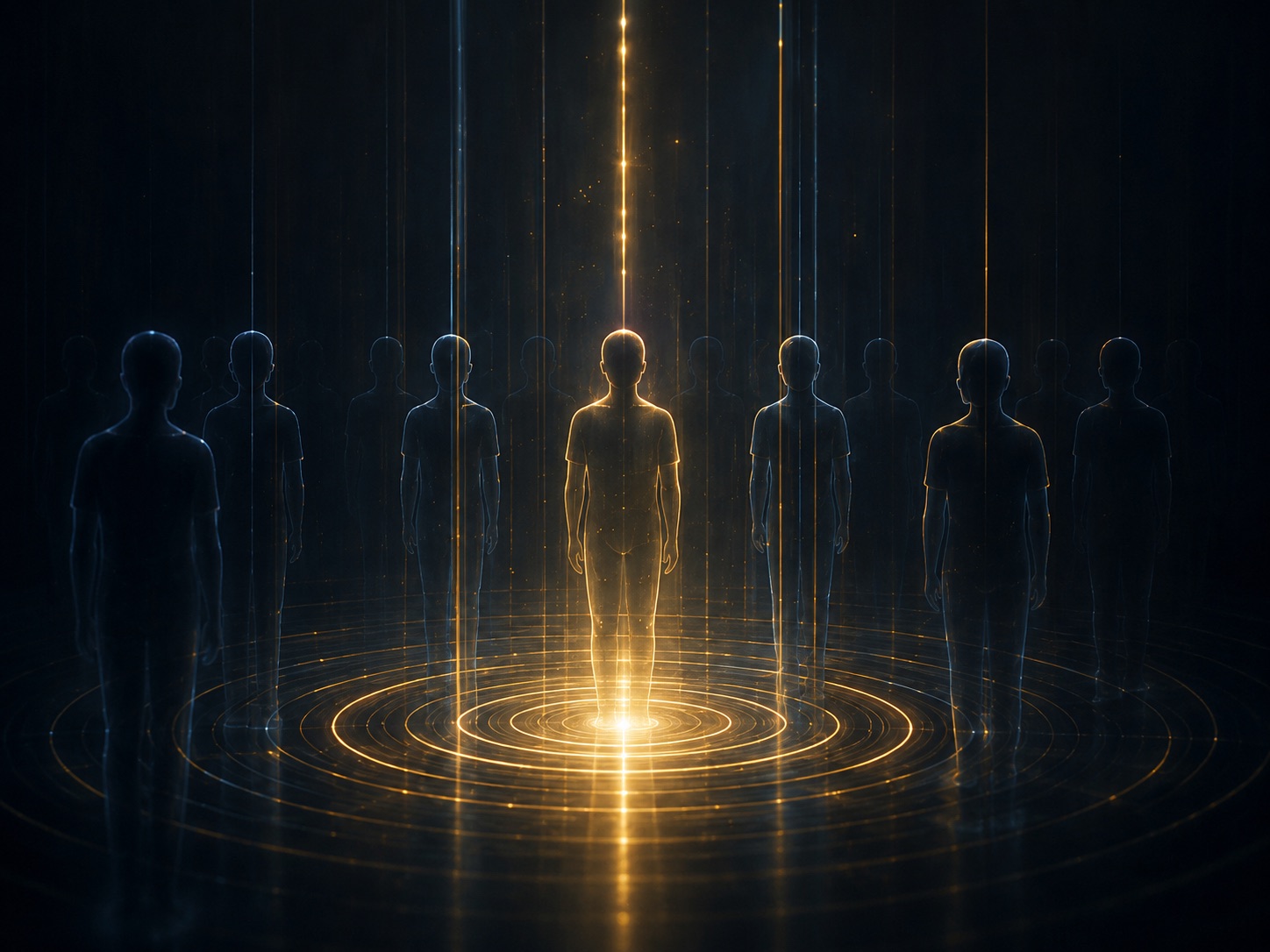 Glowing human silhouettes standing in a circle around a radiant golden center.
