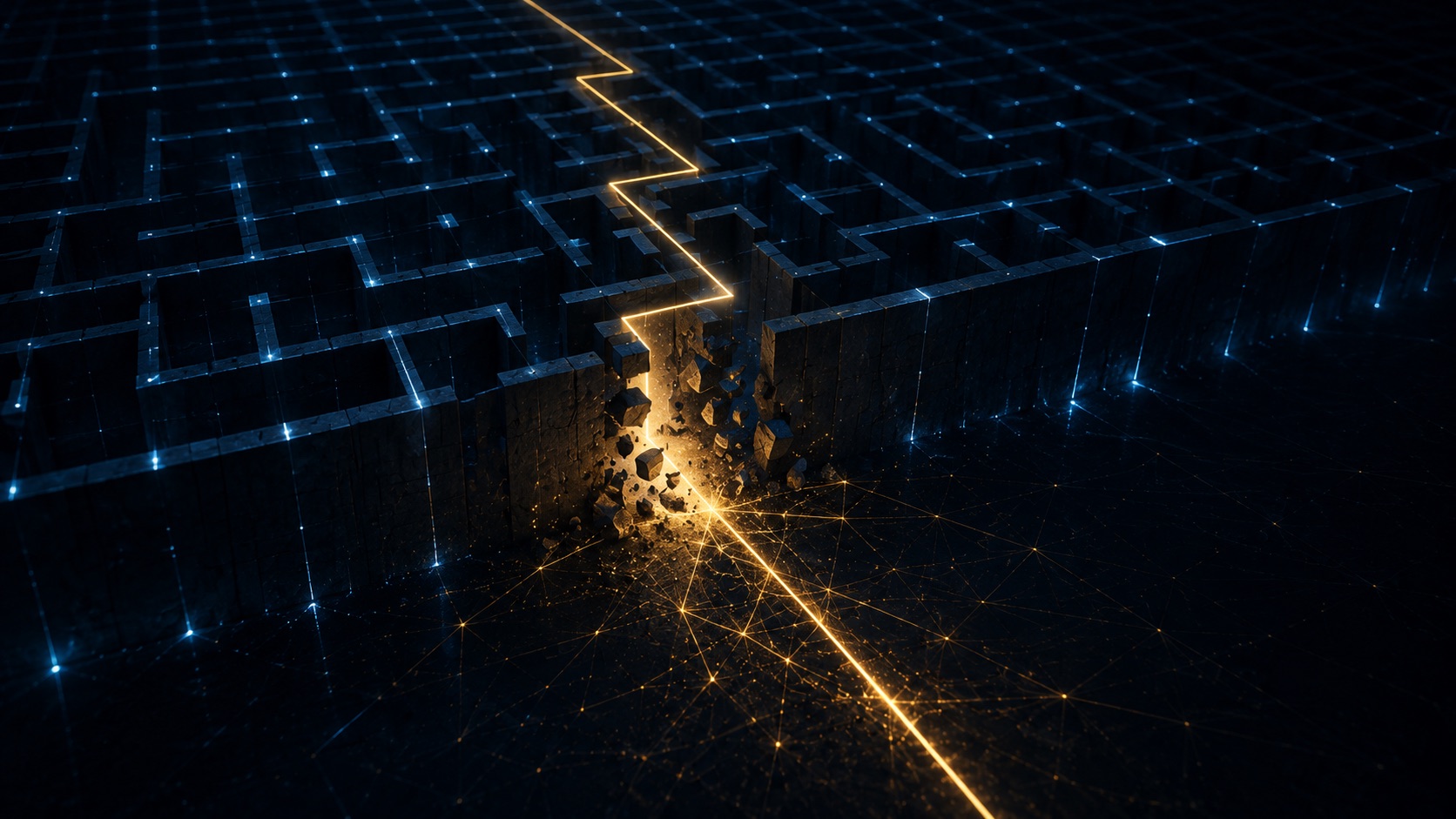 A golden lightning bolt cutting straight through a dark blue maze, breaking its walls apart.