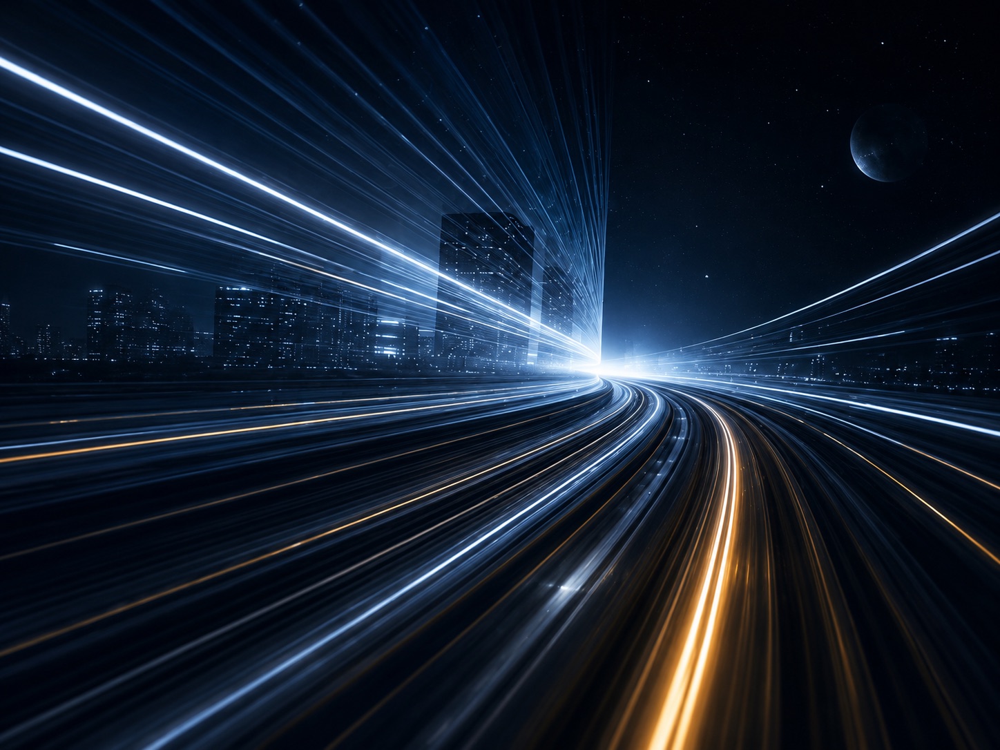 Light trails streaking through a night city at high speed.